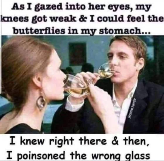 meme to make her smile - As I gazed into her eyes, my knees got weak & I could feel the butterflies in my stomach... sme I knew right there & then, I poinsoned the wrong glass