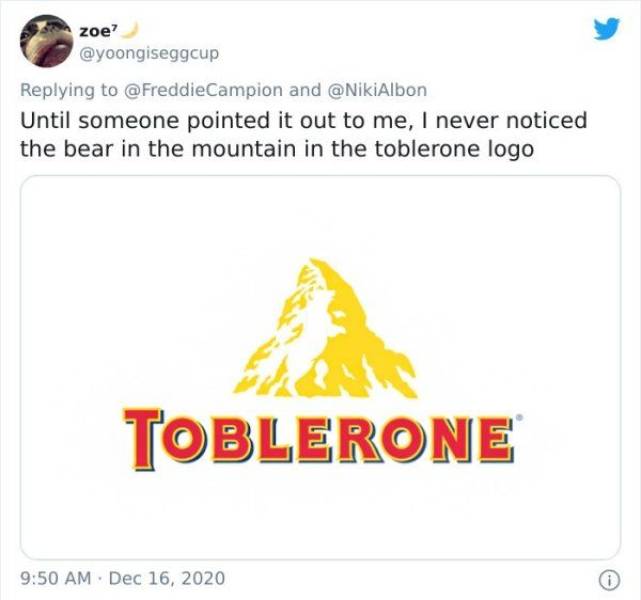 graphics - zoe? and Until someone pointed it out to me, I never noticed the bear in the mountain in the toblerone logo Toblerone