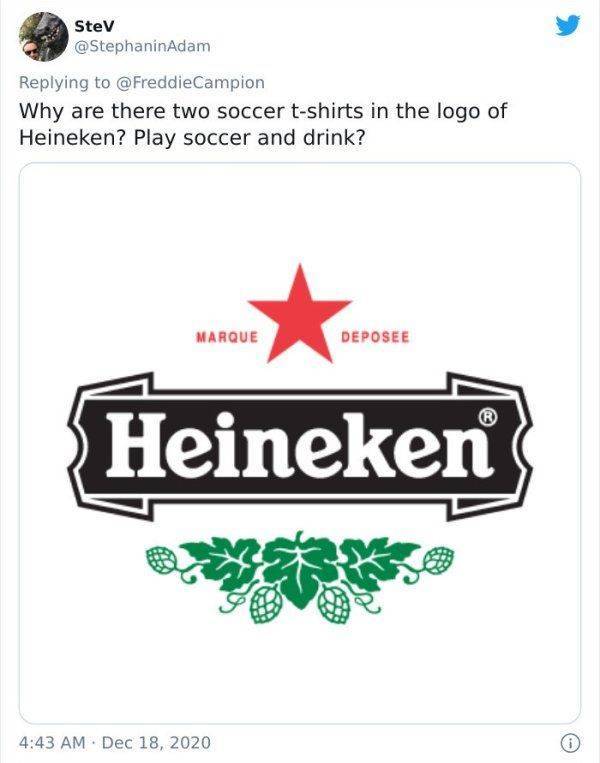 design - Stev Why are there two soccer tshirts in the logo of Heineken? Play soccer and drink? Marque Deposee Heineken