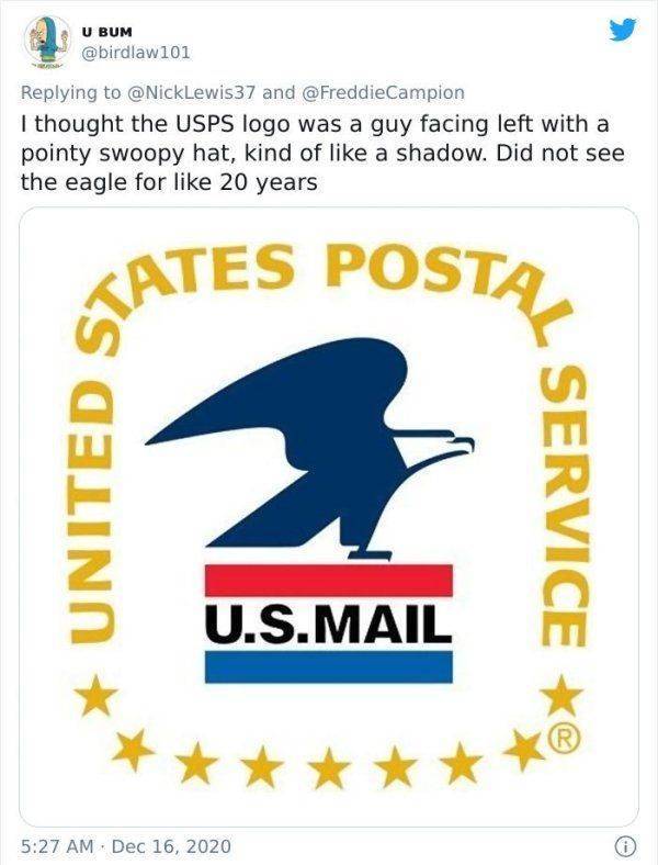 U Bum and I thought the Usps logo was a guy facing left with a pointy swoopy hat, kind of a shadow. Did not see the eagle for 20 years Cates Posta United S Service U.S.Mail R