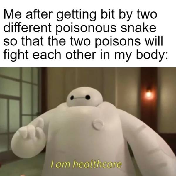 Internet meme - Me after getting bit by two different poisonous snake so that the two poisons will fight each other in my body I am healthcare