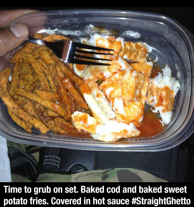 tweet - fried food - Time to grub on set. Baked cod and baked sweet potato fries. Covered in hot sauce