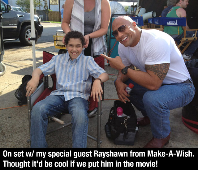 tweet - Dwayne Johnson - On set w my special guest Rayshawn from MakeAWish. Thought it'd be cool if we put him in the movie!