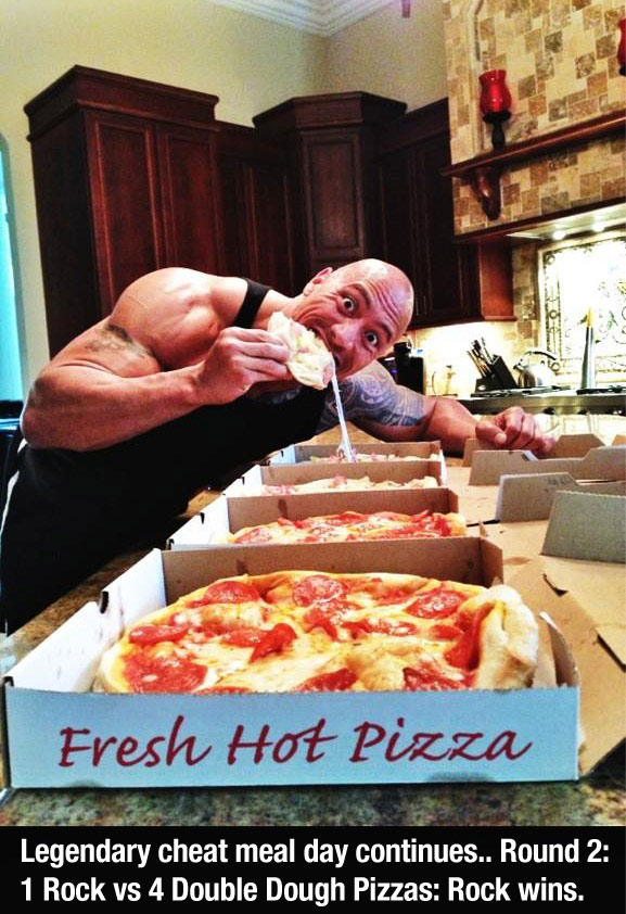 tweet - dwayne johnson pizza - Fresh Hot Pizza Legendary cheat meal day continues.. Round 2 1 Rock vs 4 Double Dough Pizzas Rock wins.