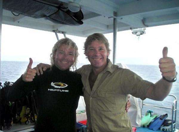 Steve Irwin - 
WIth marine biologist Chris Jones on his boat, Croc 1. He died two days later, on September 4, 2006, after a stingray's poisonous spine pierced his heart.