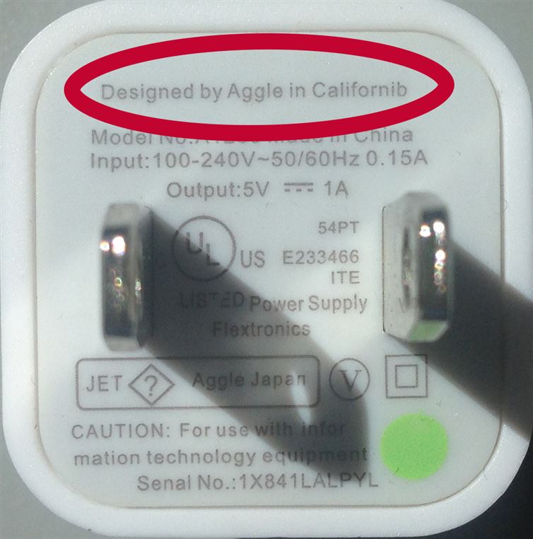 designed by aggle in californib - Designed by Aggle in Californib nina Model Input100240V5060Hz 0.15A Output5V 1A 54PT Us E233466 Ite Listed Power Supply Flextronics Jet Agole Japan D Caution For use with infor mation technology equipment Senal No.1X841LA