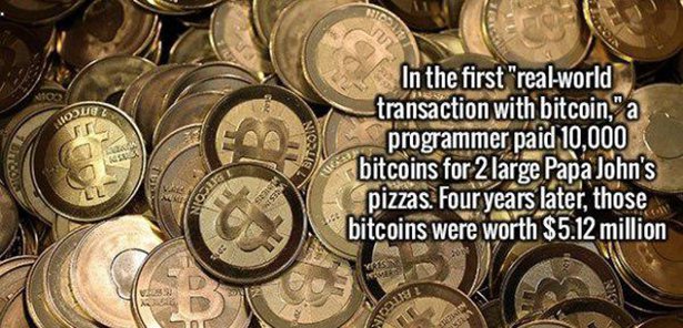 bitcoin large - 100 Nu In the first "realworld transaction with bitcoin," a programmer paid 10,000 bitcoins for 2 large Papa John's pizzas. Four years later, those bitcoins were worth $5.12 million