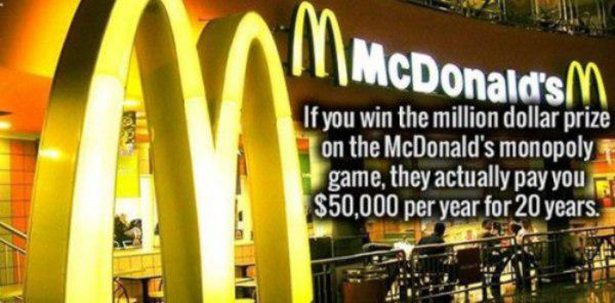 banner - McDonald's If you win the million dollar prize on the McDonald's monopoly game, they actually pay you $50,000 per year for 20 years. 1