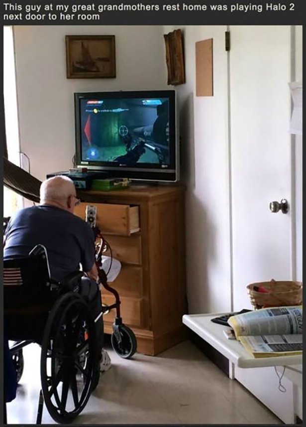This guy at my great grandmothers rest home was playing Halo 2 next door to her room