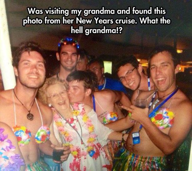 grandma at party - Was visiting my grandma and found this photo from her New Years cruise. What the hell grandma!?