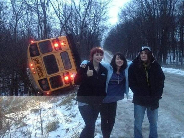 I don't know if they are happy because there is no school today or if they just survived that accident.