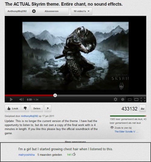 youtube funny youtube comments memes - The Actual Skyrim theme. Entire chant, no sound effects. Anthonytojos2 Abonneren 10 video's Skyri 0.33 Ooo 433132 Leuk ? Delen Geupload door Anthony092 op Update This is no longer the current version of the theme. I 