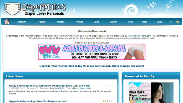 web page - DiaperMates Diaper Lover Personals Account People Photos Videos Chat Search Polls Help Sites Welcome to DiaperMates! DiaperMates is the internet's largest free personals community for Adult Babies and Diaper lovers, and is presented by DiaperMa