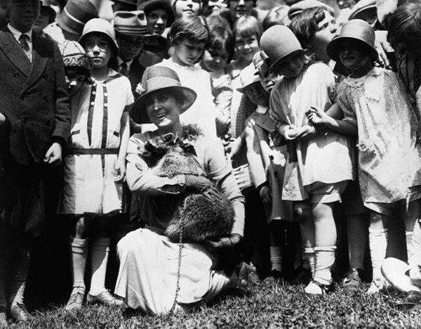 First Lady Grace Coolidge and Pet Raccoon, Rebecca