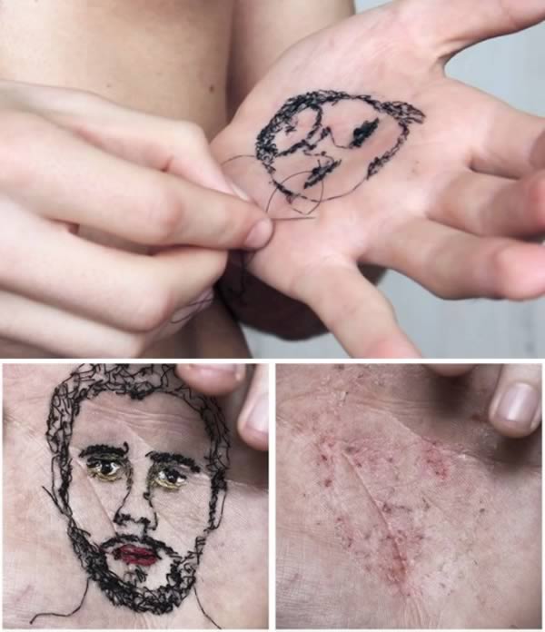 The artist who sews portraits of his family into the palm of his hand