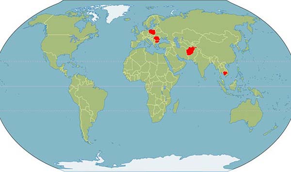 Cambodia, Bulgaria, Hungary, Poland, Romania, and Afghanistan