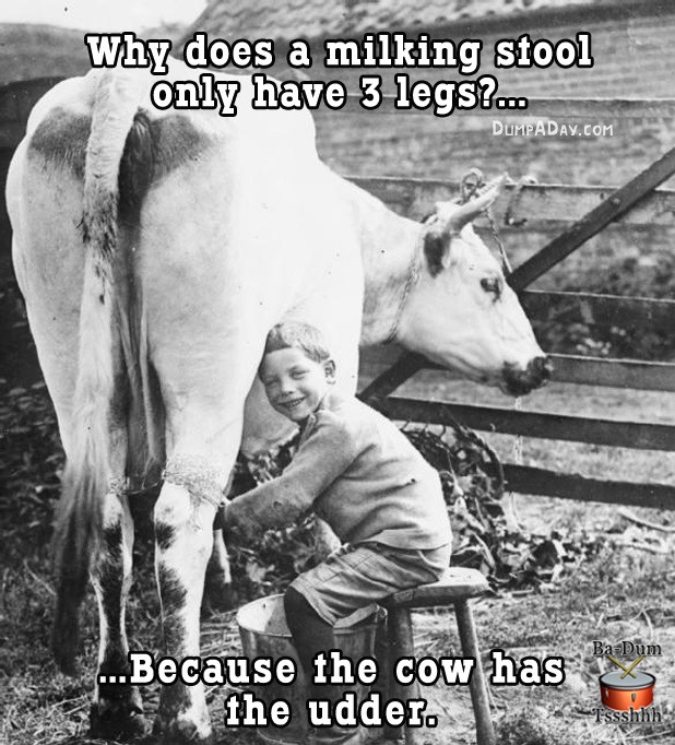 farming dad jokes - Why does a milking stool only have 3 legs?.. Dumpaday.Com BaDum ...Because the cow has the udder. 1 hhh