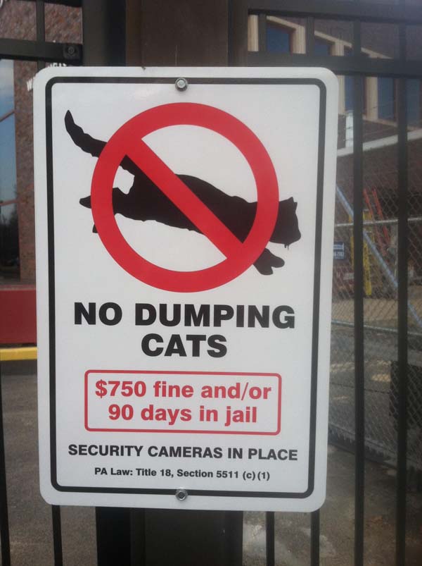 weird signs - No Dumping Cats $750 fine andor 90 days in jail Security Cameras In Place Pa Law Title 18, Section 5511 c1
