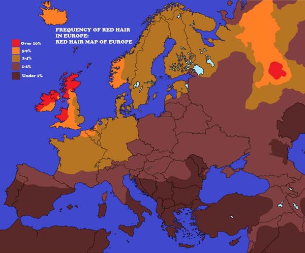 Red hair map of Europe.