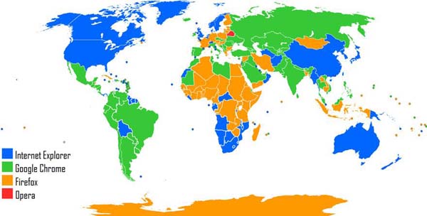 The most used web browser per country.