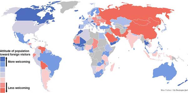 The most and least welcoming countries towards foreigners.