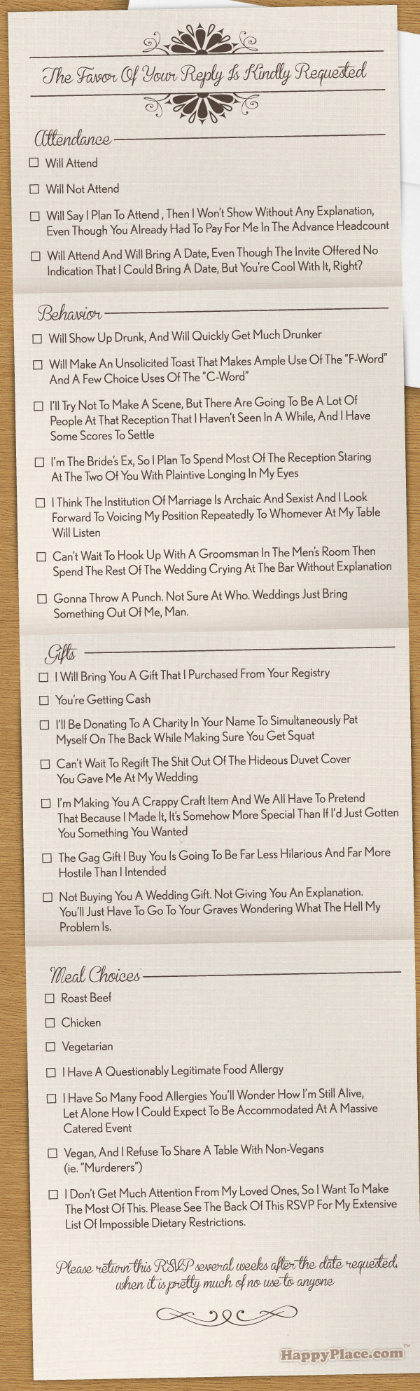 This wedding RSVP card covers pretty much every horrible wedding guest that could possibly be invited to a wedding.