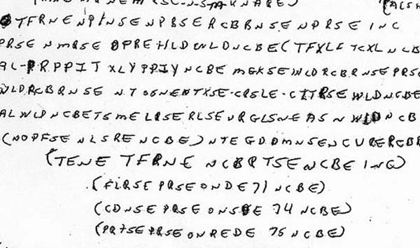 19. McCormick Cipher: In 1999, the body of Ricky McCormick was found in a field in eastern Missouri. He had two ciphers in his pockets. The FBI has asked for the publics help, but so far no one has cracked it.