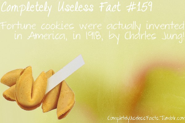 fortune cookie - Completely Useless Fact Fortune cookies were actually invented in America, in 1918, by Charles Jung! Completely useless Facts. Tumblr.com