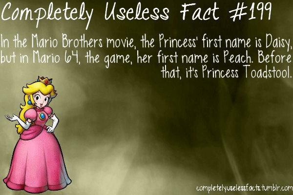 cartoon - Completely Useless Fact In the Mario Brothers movie, the Princess' first name is Daisy, but in Mario 64, the game, her first name is Peach. Before that, it's Princess Toadstool Ku completelyuselessfacts.tumblr.com