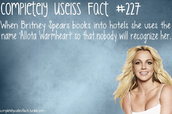 long hair - completely useiss Fact When Britney Spears books into hotels she uses the name 'Allota Warmheart' so that nobody will recognize her. completelyuzele tact.tumblr.com