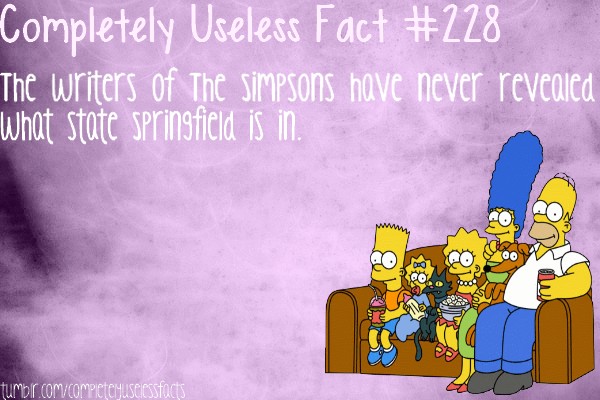 cartoon - Completely Useless Fact The writers of The Simpsons have never revealed What state Springfield is in. tumblr.comcomPICTOMUSecsStact