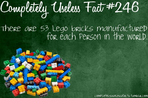 useless facts - Completely Useless Fact There are 53 Lego bricks manufactured for each person in the World completelyuseLessfacts.tumblr.com