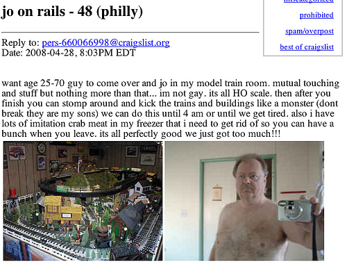 craigslist crab meat - jo on rails 48 philly prohibited to pers660066998.org Date , Pm Edt spam overpost best of craigslist want age 2570 guy to come over and jo in my model train room, mutual touching and stuff but nothing more than that... im not gay. i
