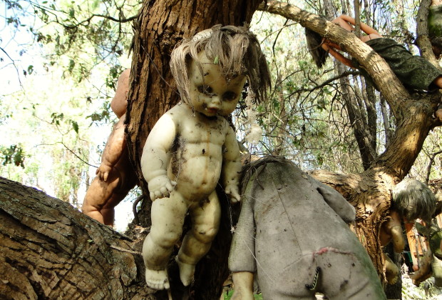 Doll Island - Xochimilco, Mexico.  When the landowner felt that his homestead was being haunted by a young girl who drowned on his property, he decorated the island with dolls to try and appease her spirit.