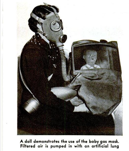 1938: Baby Gas Mask. The threat of possible air warfare in Europe led French inventors to propose this solution for keeping babies safe.