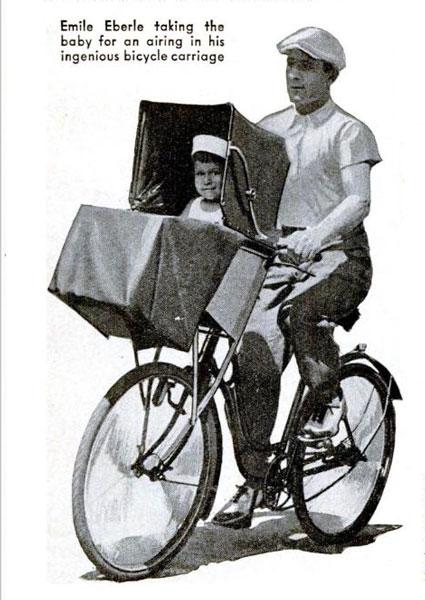 1938: Baby Bicycle Seat. Take half a pram and slap it on a bicycle. Voila! A wonderful way to get exercise and air out your baby at the same time.