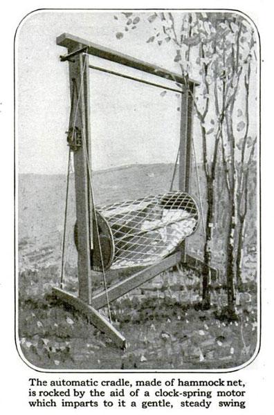 1917: Self-Operated Cradle. Taking care of a newborn is exhausting work and after hours of non-stop crying, you start looking for outside help. That's exactly what happened to inventor Sheldon D. Vanderburgh who used a clock-spring motor to create this hammock for his new baby.