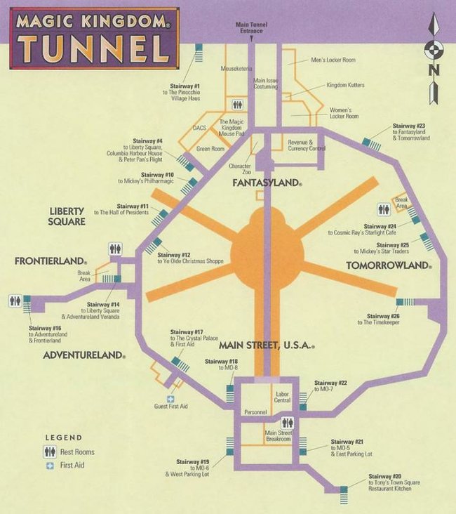 Under the Magic Kingdom there is a secret tunnel system used by cast members and other employees to navigate the park unnoticed.