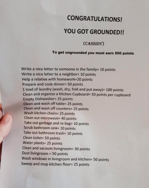 kids grounded - Congratulations! You Got Grounded!! Cassidy To get ungrounded you must earn 500 points Write a nice letter to someone in the family 10 points Write a nice letter to a neighbor 10 points Help a relative with homework20 points Prepare and co