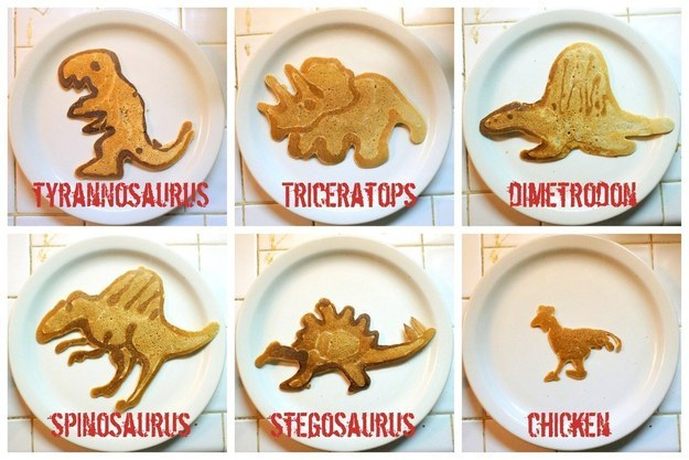 pancake art kids - Tyrannosaliris Triceratops Cimetrodon Spinosaurus Stegosaurus Chicken