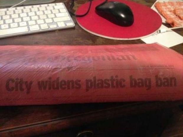Irony - City widens plastic bag ban