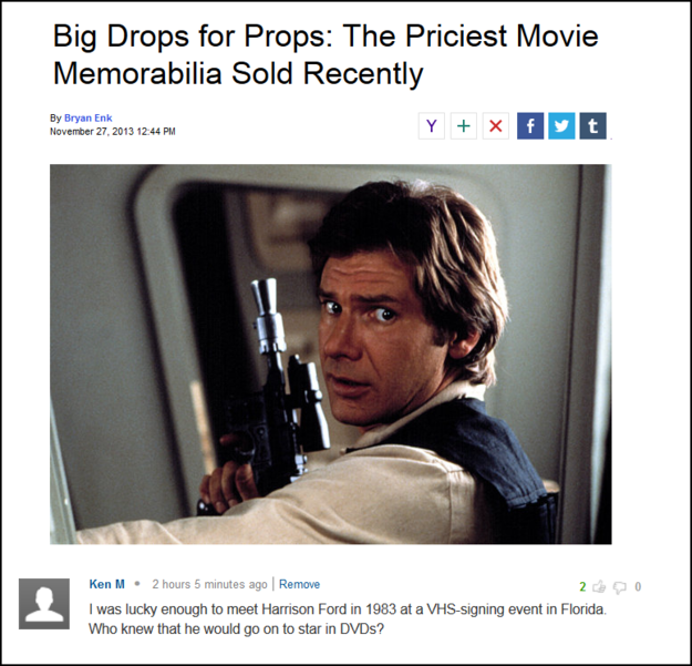 star wars 4 han solo - Big Drops for Props The Priciest Movie Memorabilia Sold Recently By Bryan Enk Ken M. 2 hours 5 minutes ago Remove I was lucky enough to meet Harrison Ford in 1983 at a Vhssigning event in Florida Who knew that he would go on to star