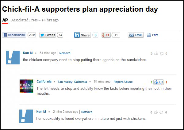 ken m tweets - ChickfilA supporters plan appreciation day Ap Associated Press 14 hrs ago Recommend Tweet 74 in 6 g 1 11 Email Print L ehe Ken M 54 mins ago Remove the chicken company need to stop putting there agenda on the sandwiches t se mins ago mssd c
