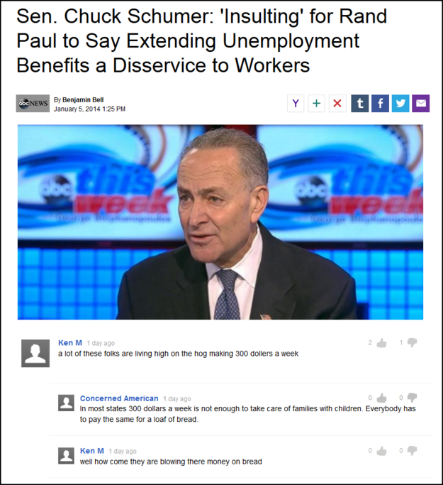 ken m on this blessed day - Sen. Chuck Schumer 'Insulting' for Rand Paul to Say Extending Unemployment Benefits a Disservice to Workers Nos By Benjamin M a lot of these folks are living high on the hog maling 300 dollers a week Concerned American in most 