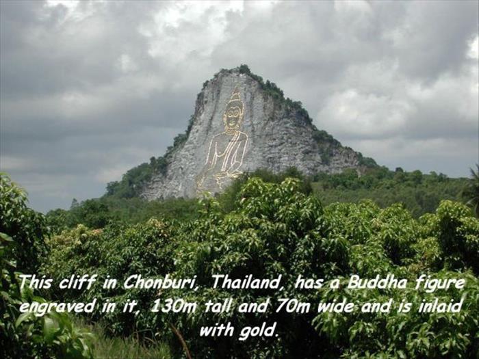 vegetation - This cliff in Chonburi, Thailand, has a Buddha figure . engraved in it, 130m tall and 70m wide and is inlaid. with gold.