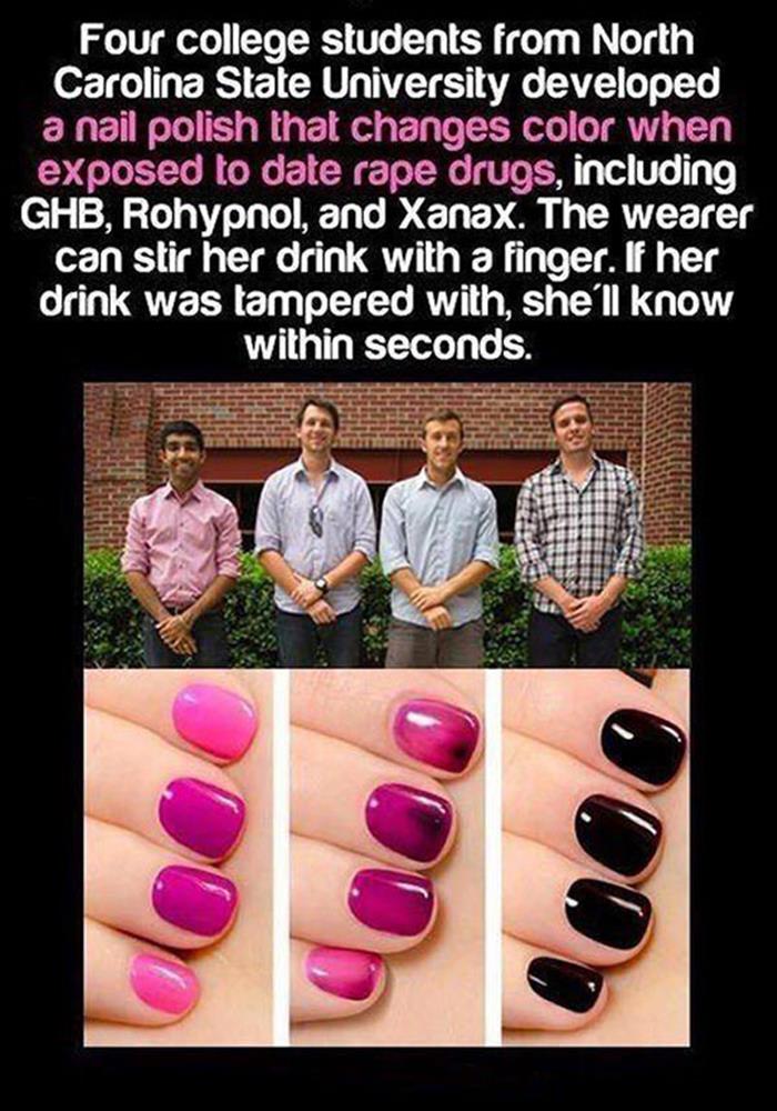 rape drug nail polish - Four college students from North Carolina State University developed a nail polish that changes color when exposed to date rape drugs, including Ghb, Rohypnol, and Xanax. The wearer can stir her drink with a finger. If her drink wa