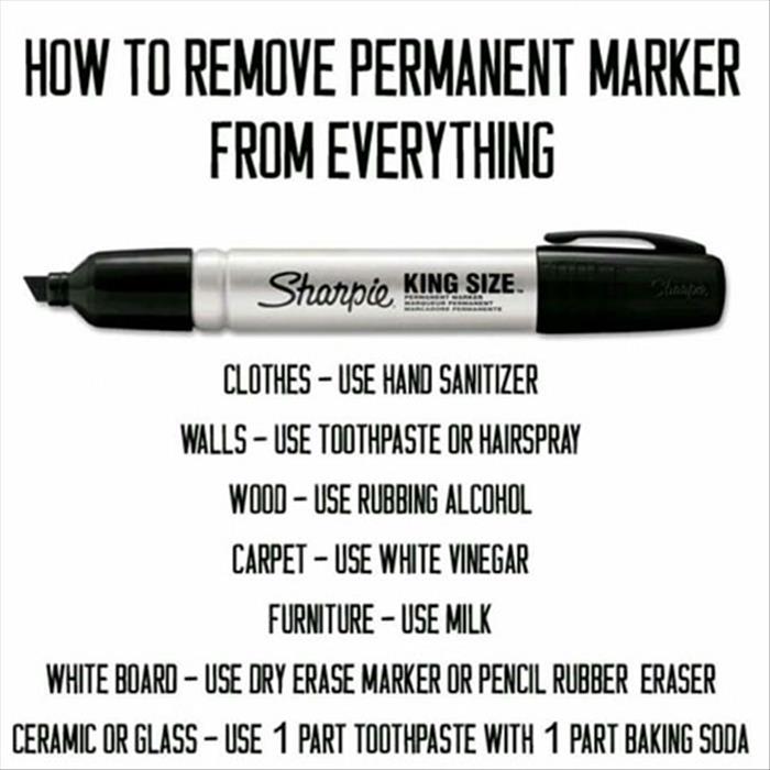 remove permanent marker from anything - How To Remove Permanent Marker From Everything Sharpie King Size Clothes Use Hand Sanitizer Walls Use Toothpaste Or Hairspray Wood Use Rubbing Alcohol Carpet Use White Vinegar Furniture Use Milk White Board Use Dry 