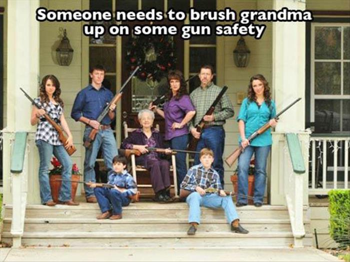 awkward family photos guns - Someone needs to brush grandma up on some gun safety