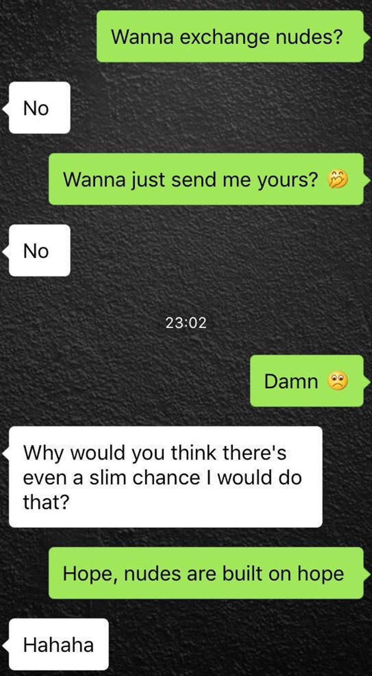 software - Wanna exchange nudes? No Wanna just send me yours? No Damn Why would you think there's even a slim chance I would do that? Hope, nudes are built on hope Hahaha