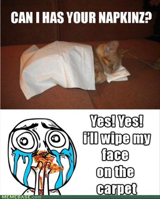 life funny memes - Can I Has Your Napkinz? Yes! Yes! i'll wipe my face on the Carpet Memebase.com